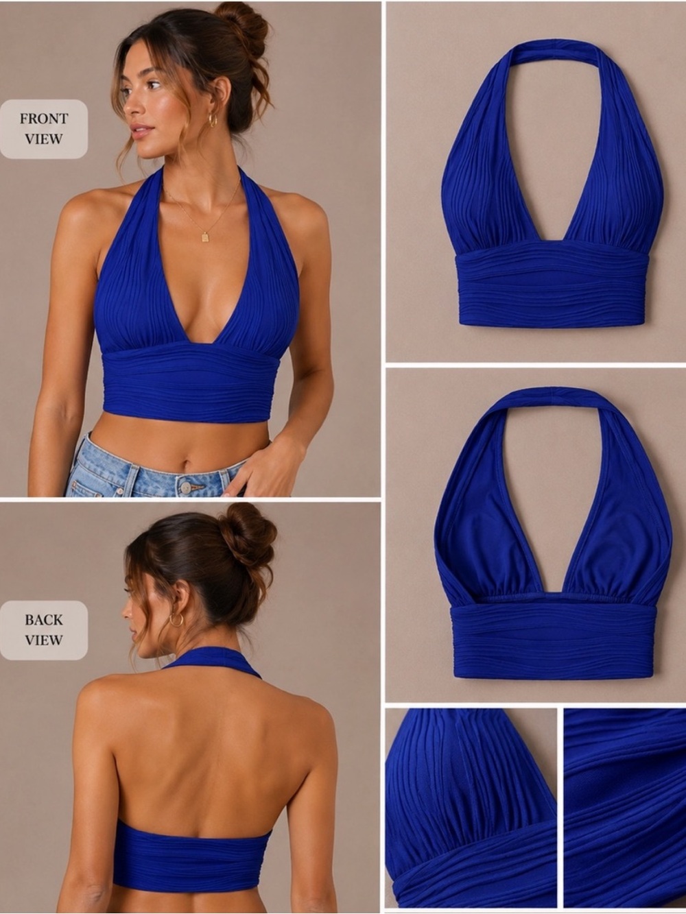 NEW CCB Cobalt Blue Textured Crop Halter Backless V-Neck Stretch Top Small S